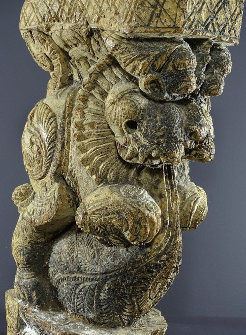 Inde, Région Du Tamil Nadu, XVIIème-XVIIIème, élément d'Architecture En Bois Figurant Un Yali. 