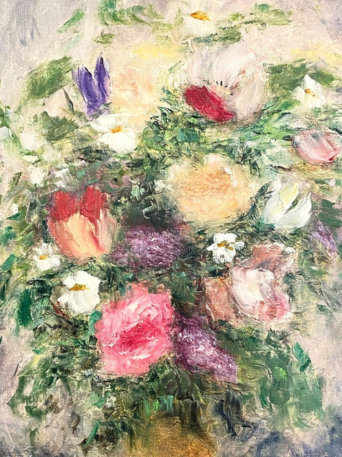 Jacques-Michel Dunoyer (1933-2000), Large Painting With Bouquet Of Flowers 1978.