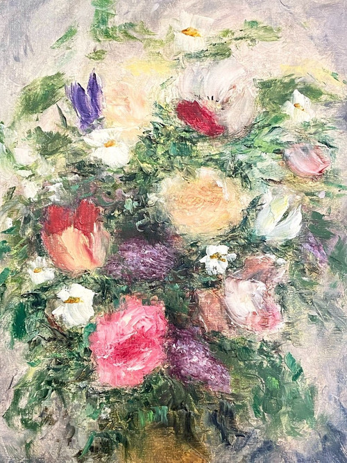 Jacques-Michel Dunoyer (1933-2000), Large Painting With Bouquet Of Flowers 1978.