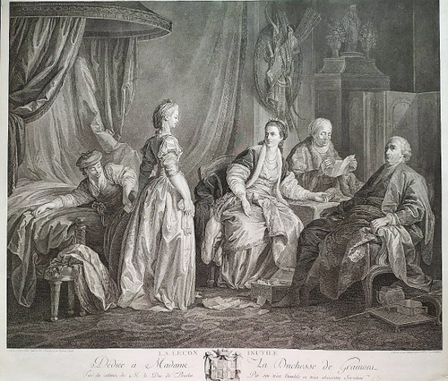 Gravure Romantique 18ème La Leçon Inutile Gravé Par Helman d'Après Leprince