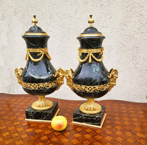 Pair of Marble and Bronze Cassolettes, 19th Century