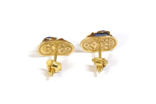 Orecchini a bottone con scarabeo egiziano in oro 18k, pulci auricolari vintage, lapislazzuli, insetto