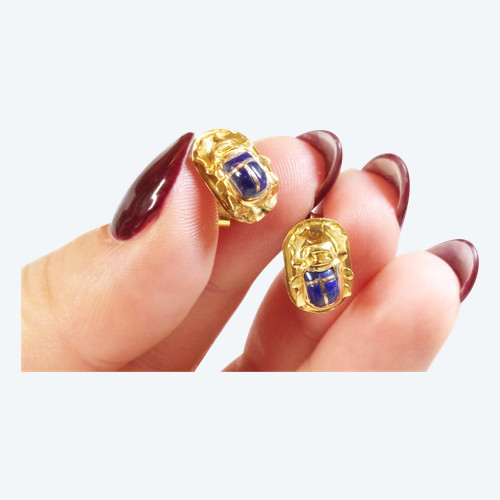 Orecchini a bottone con scarabeo egiziano in oro 18k, pulci auricolari vintage, lapislazzuli, insetto