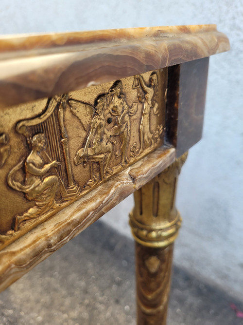 Table En Onyx Et Bronze, Pieds Escamotables, Napoléon III, XIXème Siècle