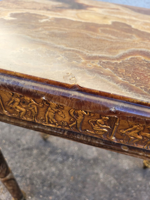 Table En Onyx Et Bronze, Pieds Escamotables, Napoléon III, XIXème Siècle