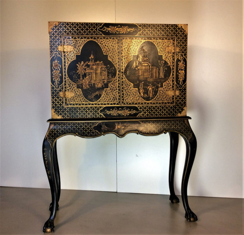 25% DISCOUNT UNTIL 11/30 - Black and Gold Lacquer Cabinet - Early 20th Century
