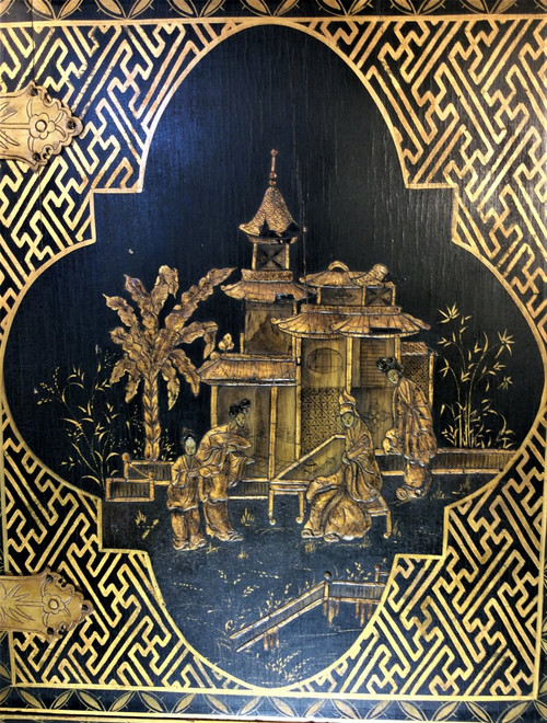 25% DISCOUNT UNTIL 11/30 - Black and Gold Lacquer Cabinet - Early 20th Century