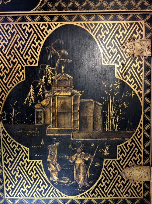 25% DISCOUNT UNTIL 11/30 - Black and Gold Lacquer Cabinet - Early 20th Century