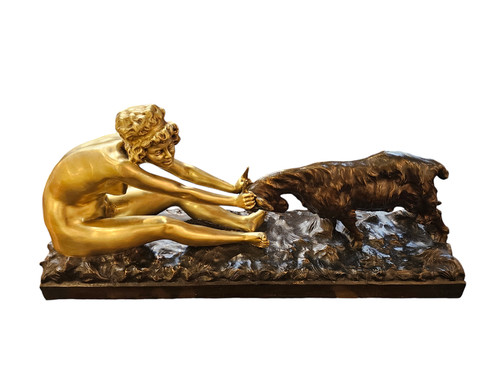 Affortunato Gory Grande Bronzo Art Deco "Giovane Ragazza e Capra"