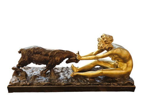 Affortunato Gory Grande Bronzo Art Deco "Giovane Ragazza e Capra"