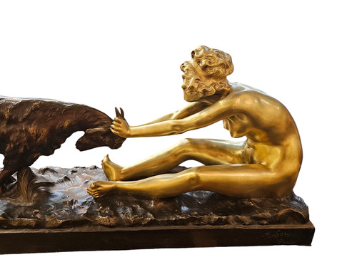 Affortunato Gory Grande Bronzo Art Deco "Giovane Ragazza e Capra"