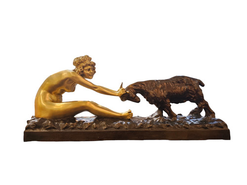 Affortunato Gory Grande Bronzo Art Deco "Giovane Ragazza e Capra"