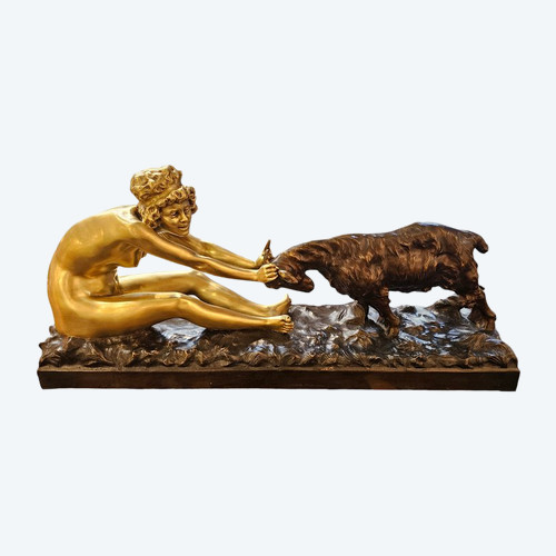 Affortunato Gory Grande Bronzo Art Deco "Giovane Ragazza e Capra"