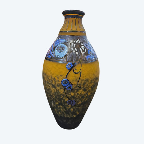 André Delatte Large Enameled Vase "Stylized Flowers"