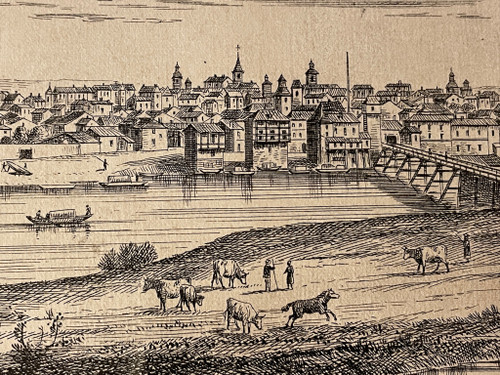 Old engraving view of Roanne in 1650 by Noirot 1869