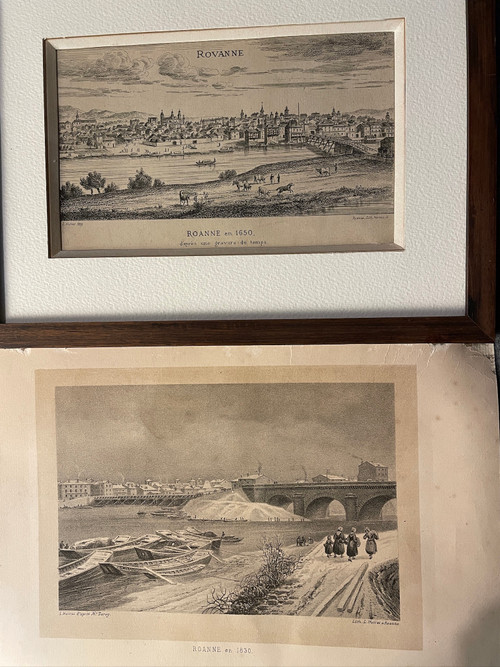 Old engraving view of Roanne in 1650 by Noirot 1869