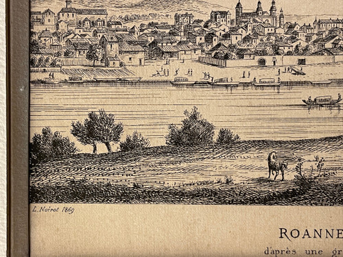 Old engraving view of Roanne in 1650 by Noirot 1869