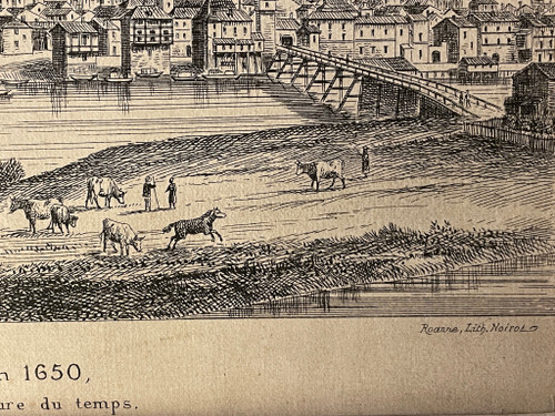 Old engraving view of Roanne in 1650 by Noirot 1869
