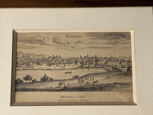 Old engraving view of Roanne in 1650 by Noirot 1869