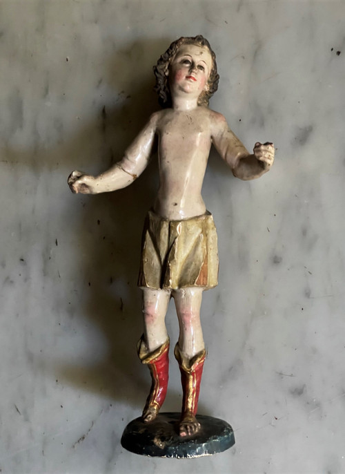 Fein geschnitzter und polychromierter Holzengel aus dem 17. Jahrhundert in Italien