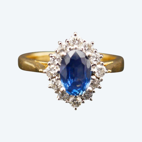 Bague Saphir Et Diamants, Or Jaune Et Or Blanc 18 Carats.