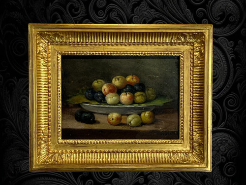 TABLEAU / PEINTURE / HUILE SUR PANNEAU SIGNÉE " PEREZ " NATURE MORTE AUX FRUITS