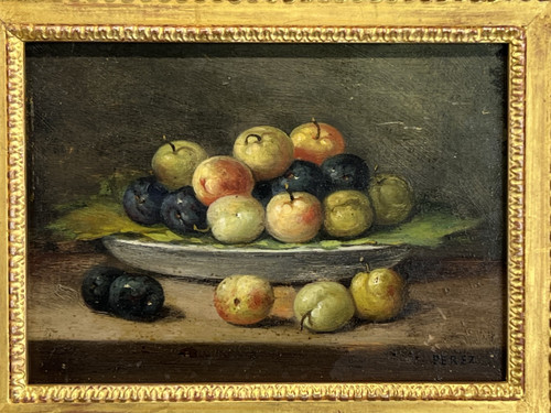 TABLEAU / PEINTURE / HUILE SUR PANNEAU SIGNÉE " PEREZ " NATURE MORTE AUX FRUITS