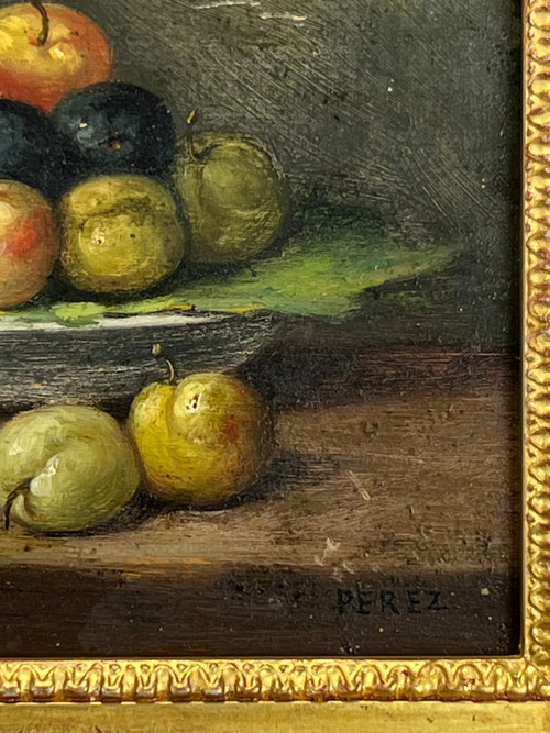 TABLEAU / PEINTURE / HUILE SUR PANNEAU SIGNÉE " PEREZ " NATURE MORTE AUX FRUITS