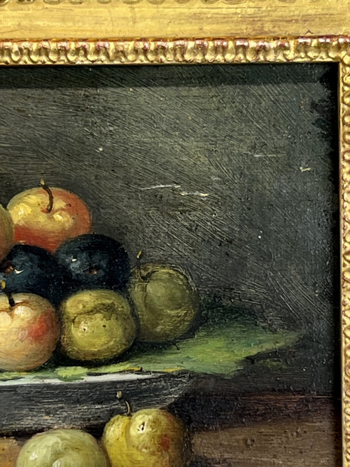 TABLEAU / PEINTURE / HUILE SUR PANNEAU SIGNÉE " PEREZ " NATURE MORTE AUX FRUITS