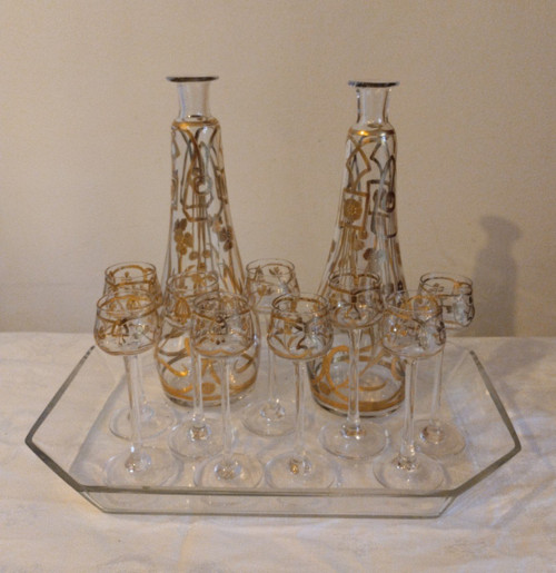Service à Liqueur - Verre émaillé - Art Nouveau - V. 1900.