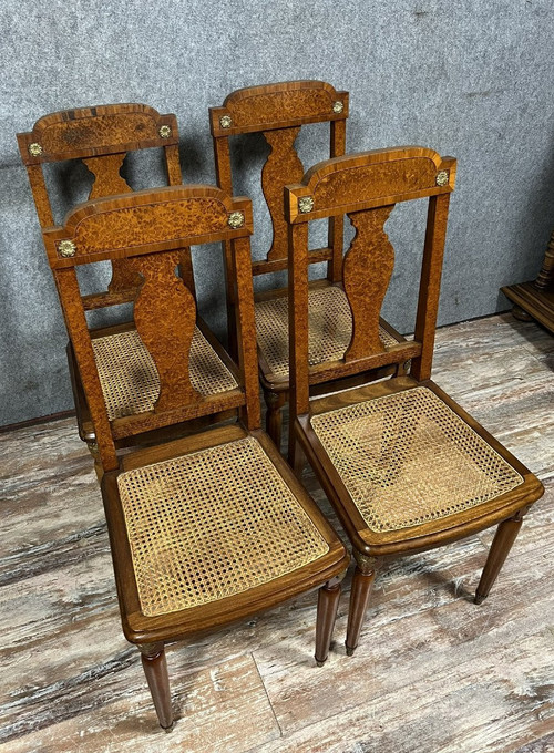 Krieger Paris: Superb series of 4 Louis XVI chairs in burl, rosewood and walnut circa 1880