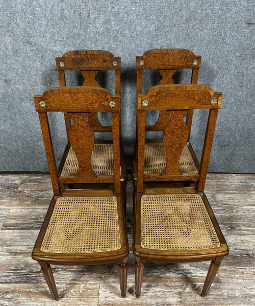 Krieger Paris: Superb series of 4 Louis XVI chairs in burl, rosewood and walnut circa 1880