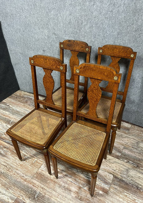 Krieger Paris: Superb series of 4 Louis XVI chairs in burl, rosewood and walnut circa 1880
