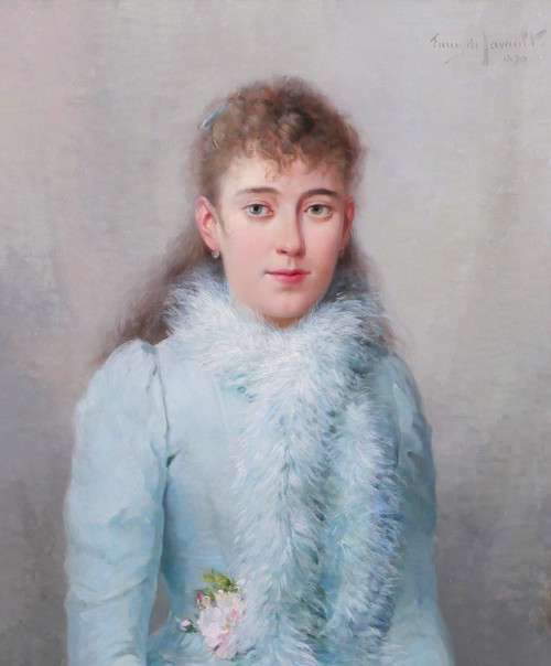 Albert T. Furcy de Lavault 1847-1915 Porträt einer jungen Frau in Blau mit Blumen, Gemälde, 1890