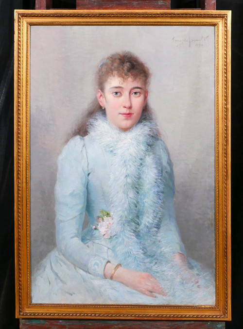 Albert T. Furcy de Lavault 1847-1915 Porträt einer jungen Frau in Blau mit Blumen, Gemälde, 1890