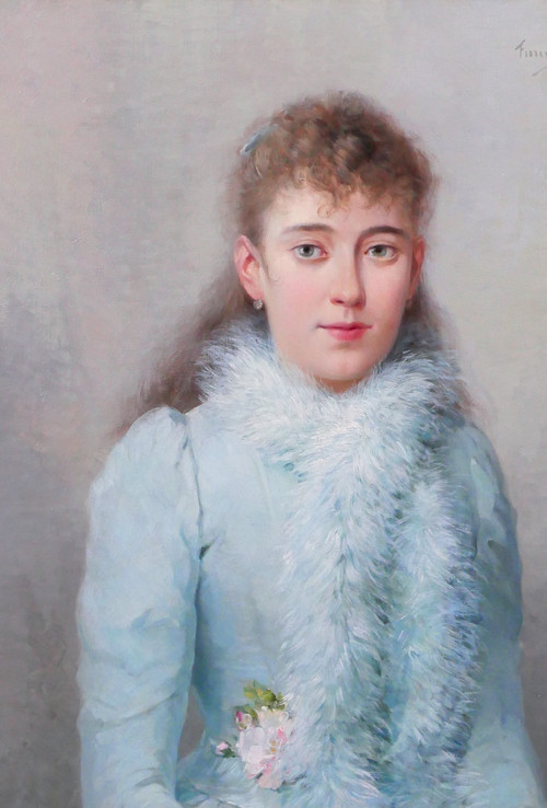 Albert T. Furcy de Lavault 1847-1915 Porträt einer jungen Frau in Blau mit Blumen, Gemälde, 1890