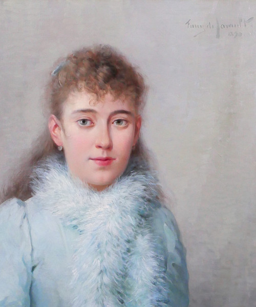 Albert T. Furcy de Lavault 1847-1915 Porträt einer jungen Frau in Blau mit Blumen, Gemälde, 1890