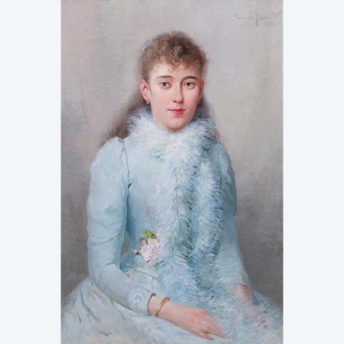 Albert T. Furcy de Lavault 1847-1915 Porträt einer jungen Frau in Blau mit Blumen, Gemälde, 1890