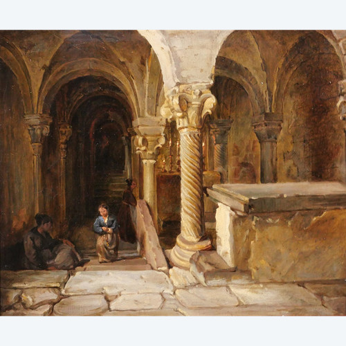 François-Marius Granet (att. à) 1775-1849 Intérieur d'une crypte, tableau, vers 1820-30