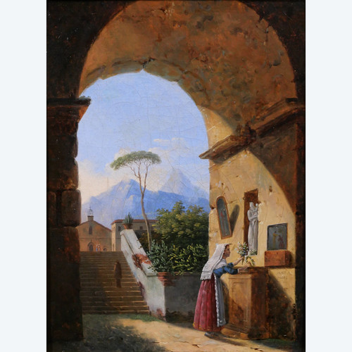 Jean-Baptiste BERLOT 1775-1840 Italia, oratorio in un antico rudere, pittura, paesaggio