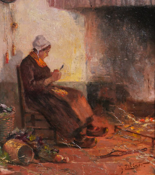 Philipp ZELTNER 1865-1946 Donna in cucina, dipinto, 1900 circa