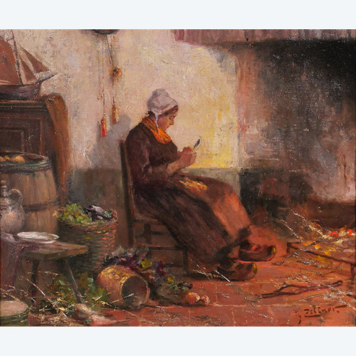 Philipp ZELTNER 1865-1946 Donna in cucina, dipinto, 1900 circa