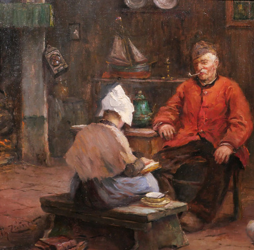 Philipp ZELTNER 1865-1946 Coppia in un interno, dipinto, 1900 circa