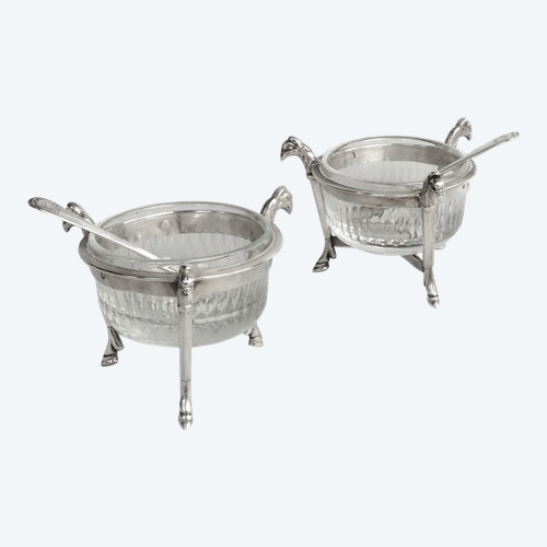 Pair of Empire salt cellars with griffins in solid silver, Coq hallmark - 1798 - 1809