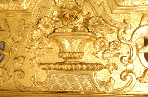 Miroir Régence Fronton Bois Sculpté Doré Oiseaux Panier Fleurs Glace XVIIIè
