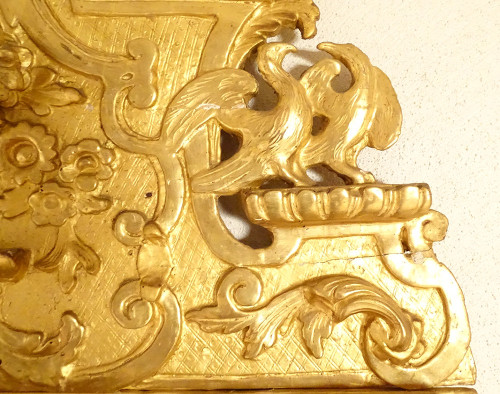 Miroir Régence Fronton Bois Sculpté Doré Oiseaux Panier Fleurs Glace XVIIIè