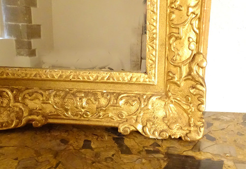 Miroir Régence Fronton Bois Sculpté Doré Oiseaux Panier Fleurs Glace XVIIIè