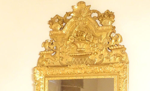 Miroir Régence Fronton Bois Sculpté Doré Oiseaux Panier Fleurs Glace XVIIIè