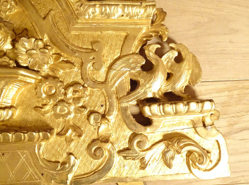 Miroir Régence Fronton Bois Sculpté Doré Oiseaux Panier Fleurs Glace XVIIIè
