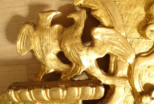 Miroir Régence Fronton Bois Sculpté Doré Oiseaux Panier Fleurs Glace XVIIIè